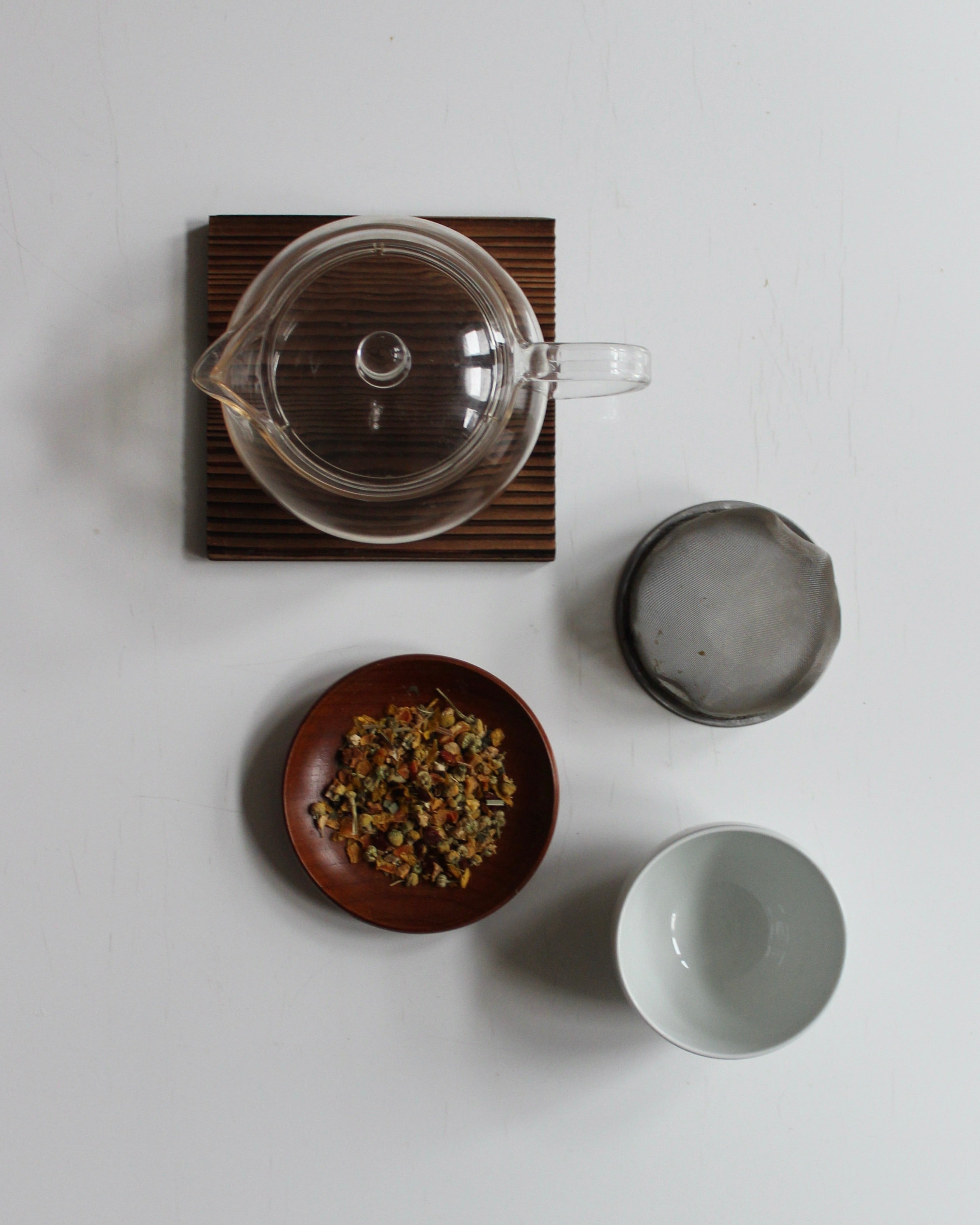 Tekande, tefilter, tekop og urteteblanding på bord